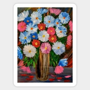 Stunning bouquet of mixed abstract flowers in a vintage gold vase Sticker